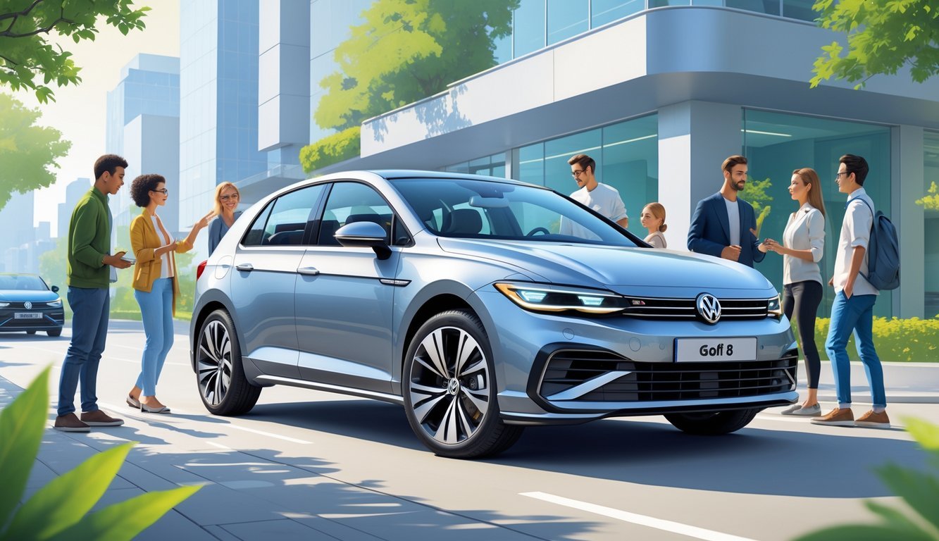 Moderan Volkswagen Golf 8 parkiran u urbanoj sredini s ljudima različitih dobi oko automobila.