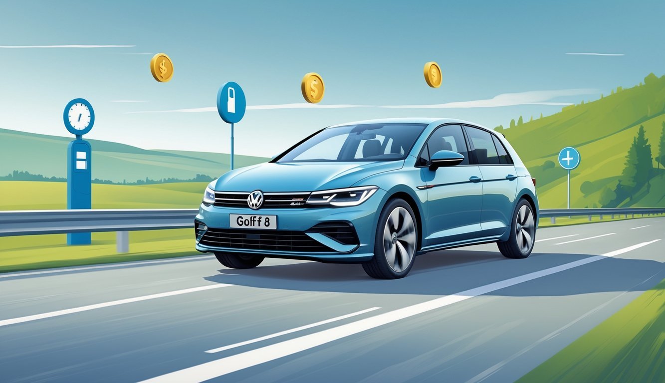 Volkswagen Golf 8 na cesti s prikazom simbola goriva i troškova vožnje.