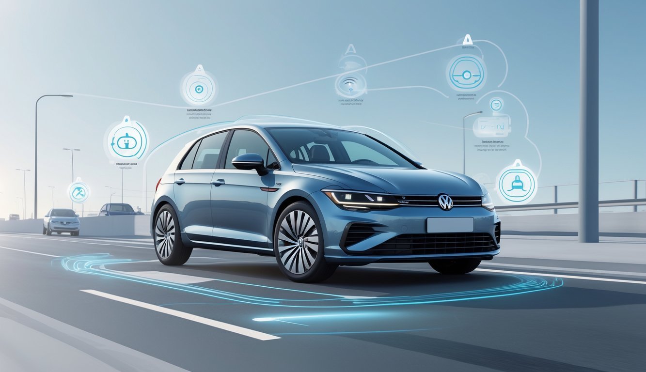 Volkswagen Golf 6 na cesti s prikazom sigurnosnih i sustava pomoći vozaču.