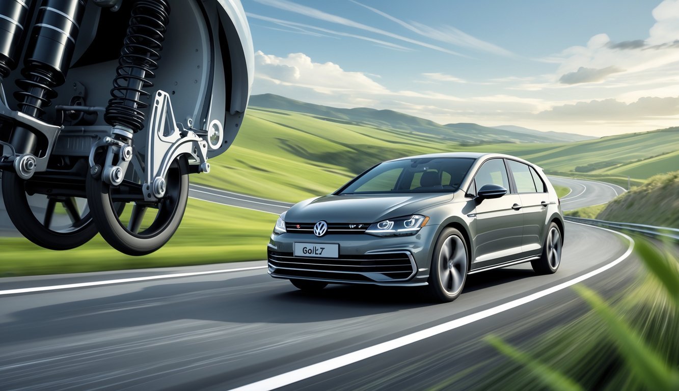 Automobil Volkswagen Golf 7 u pokretu na vijugavoj cesti s prikazom dijelova ovjesa i okruženjem koje ilustrira osjećaj vožnje.