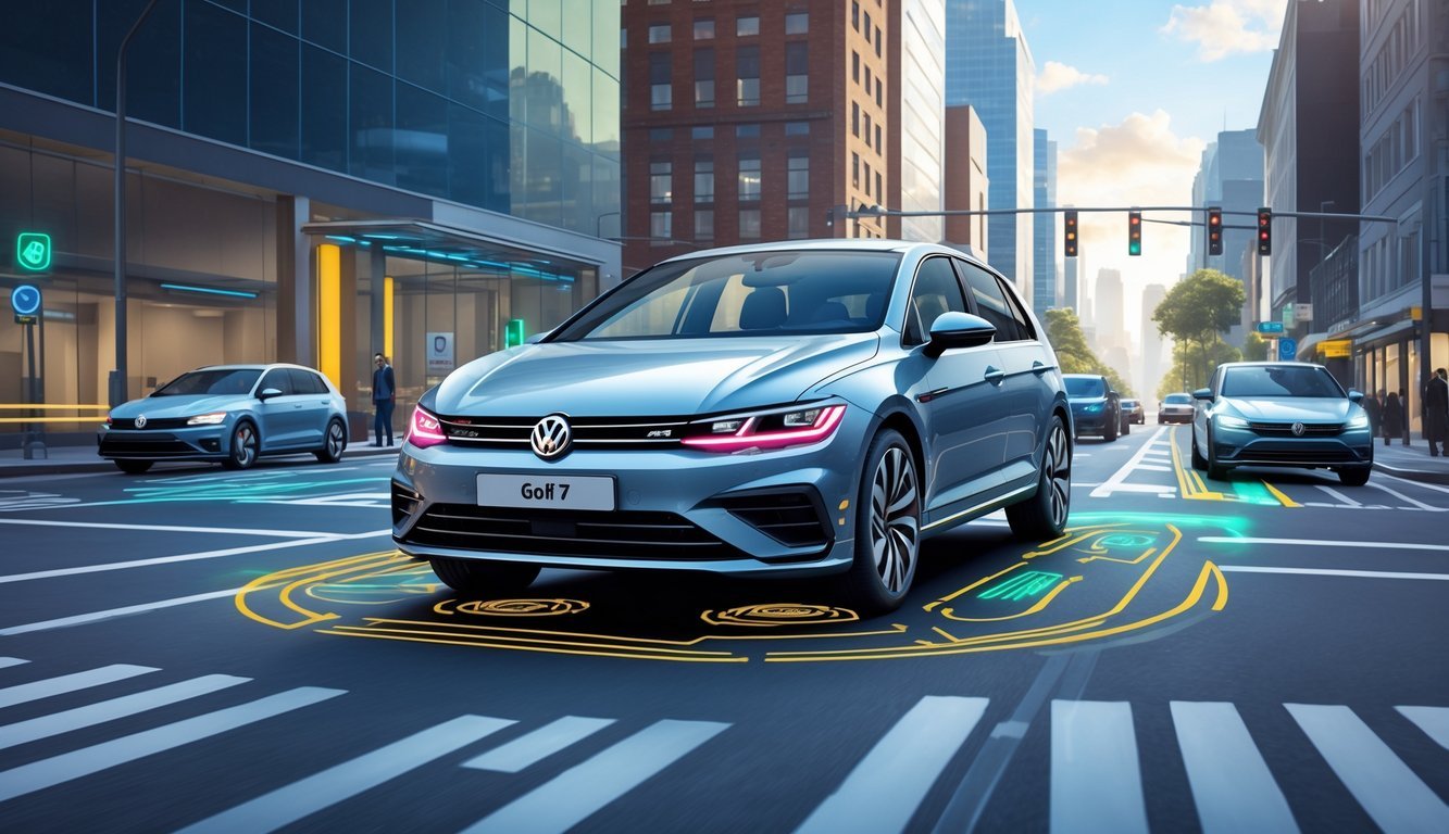 Volkswagen Golf 7 na gradskoj ulici s prikazom sigurnosnih sustava i pomoći vozaču.