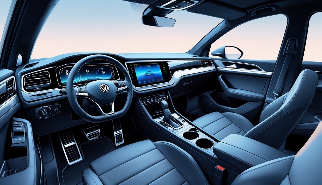 Unutrašnjost automobila Volkswagen Golf 8 s prikazom sjedala, upravljača i modernog infotainment sustava.