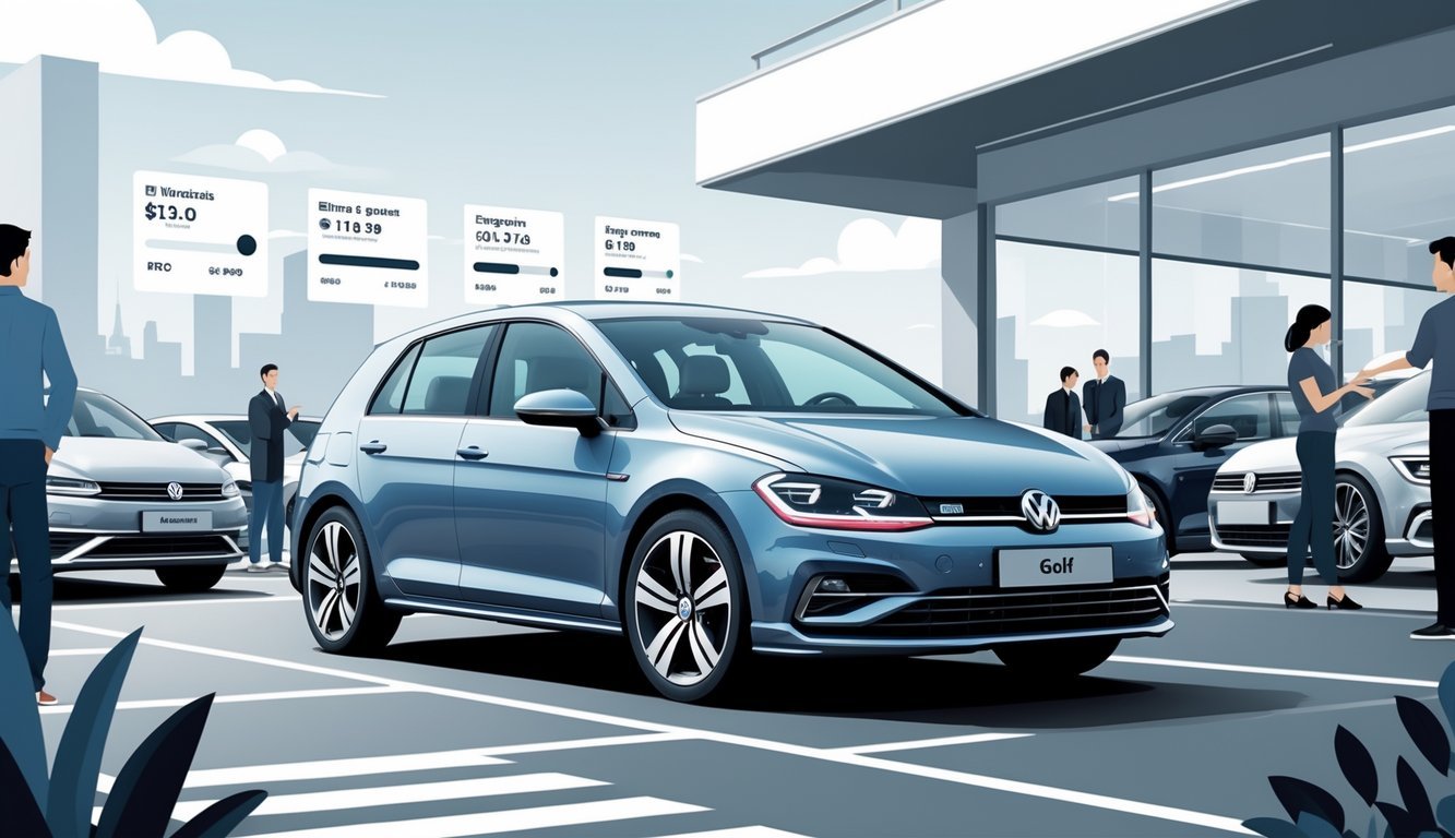 Volkswagen Golf 6 parkiran u urbanom okruženju s ljudima koji pregledavaju rabljene automobile i grafičkim prikazima cijena i opreme.