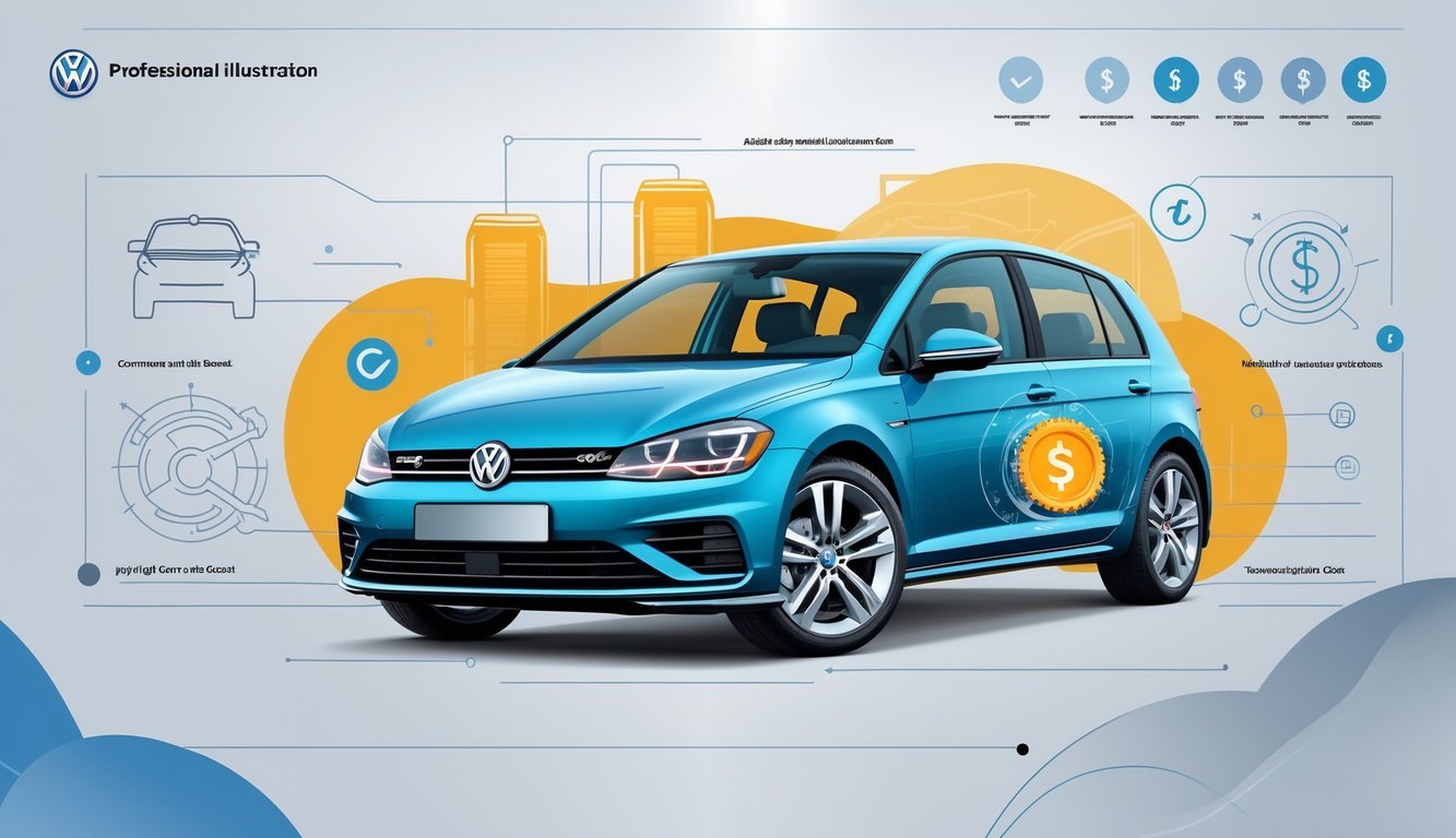 Prikaz Volkswagen Golfa 7 s istaknutim dijelovima motora i ovjesa te ikonama koje simboliziraju pouzdanost, tipične kvarove i troškove servisa.