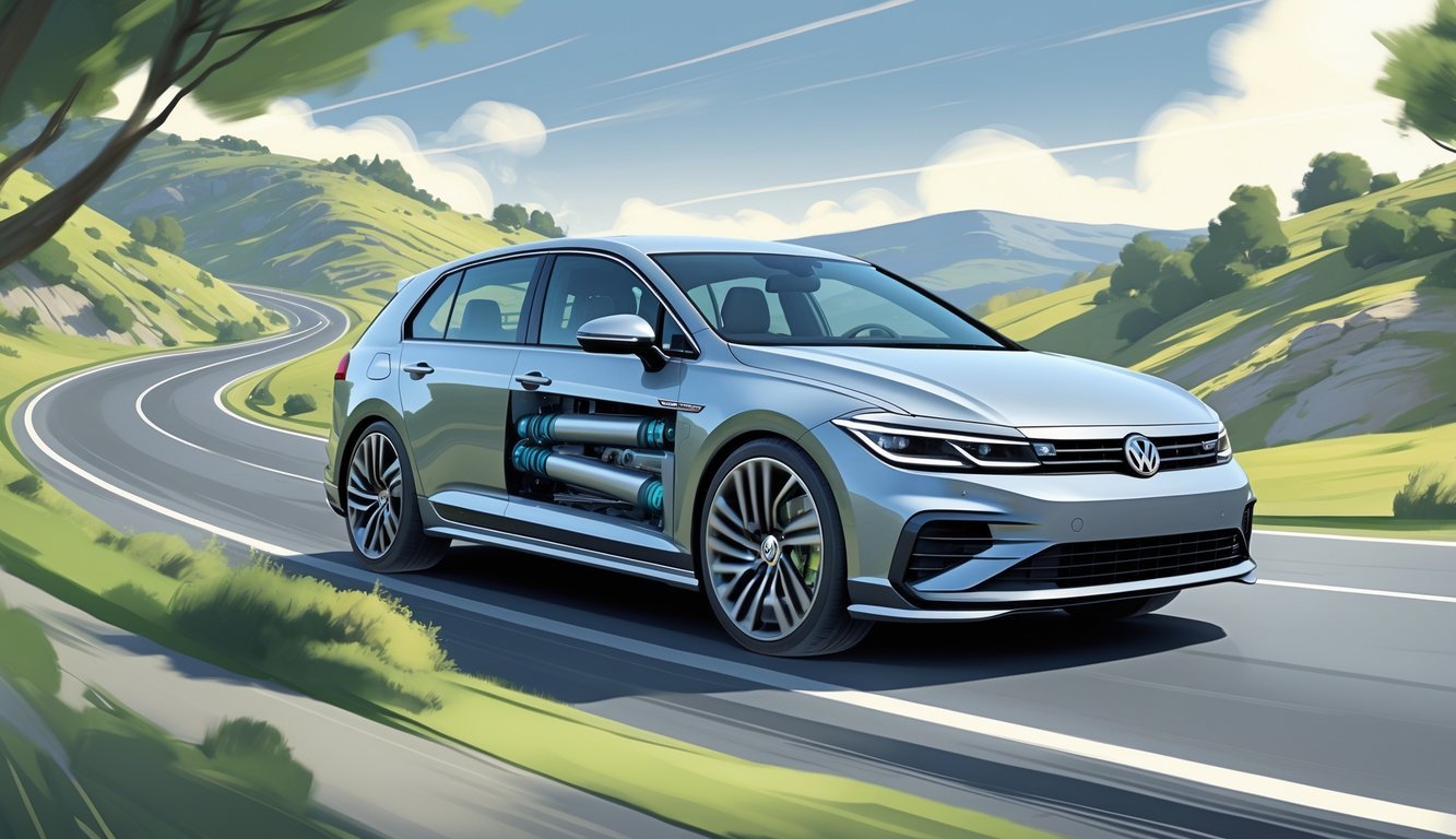 Automobil Volkswagen Golf 8 u pokretu na vijugavoj cesti s vidljivim dijelovima ovjesa i prirodnim okruženjem.