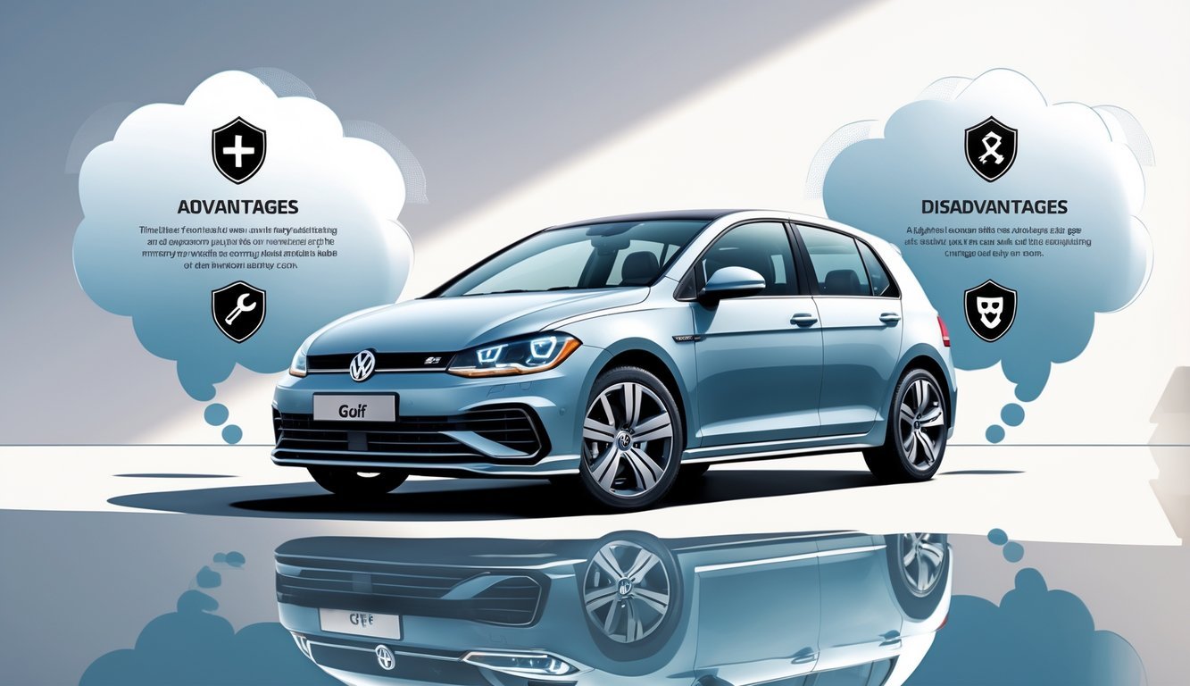 Volkswagen Golf 6 parkiran u urbanom okruženju s prikazom prednosti i mana kroz simbole oko automobila.