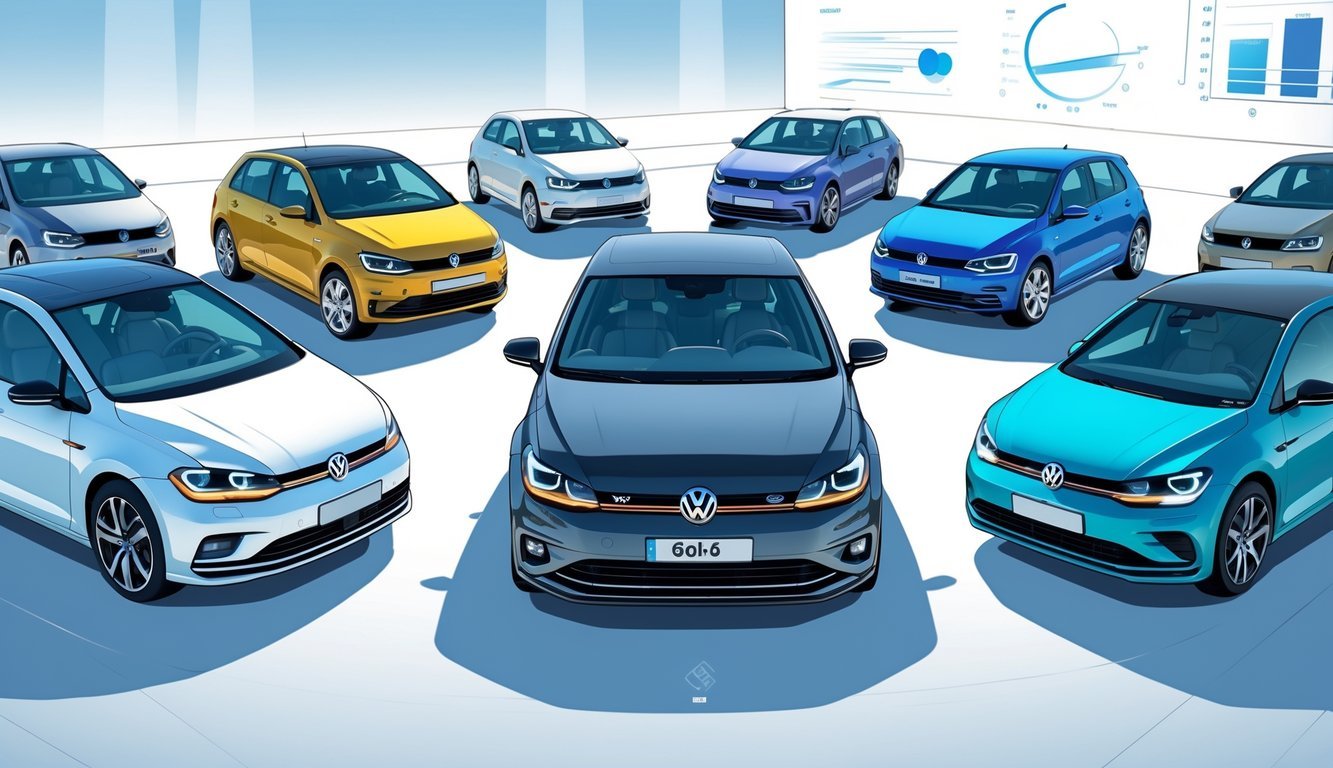Prikaz nekoliko automobila postavljenih jedan do drugog radi usporedbe, s Volkswagen Golf 6 u sredini i drugim sličnim modelima oko njega.