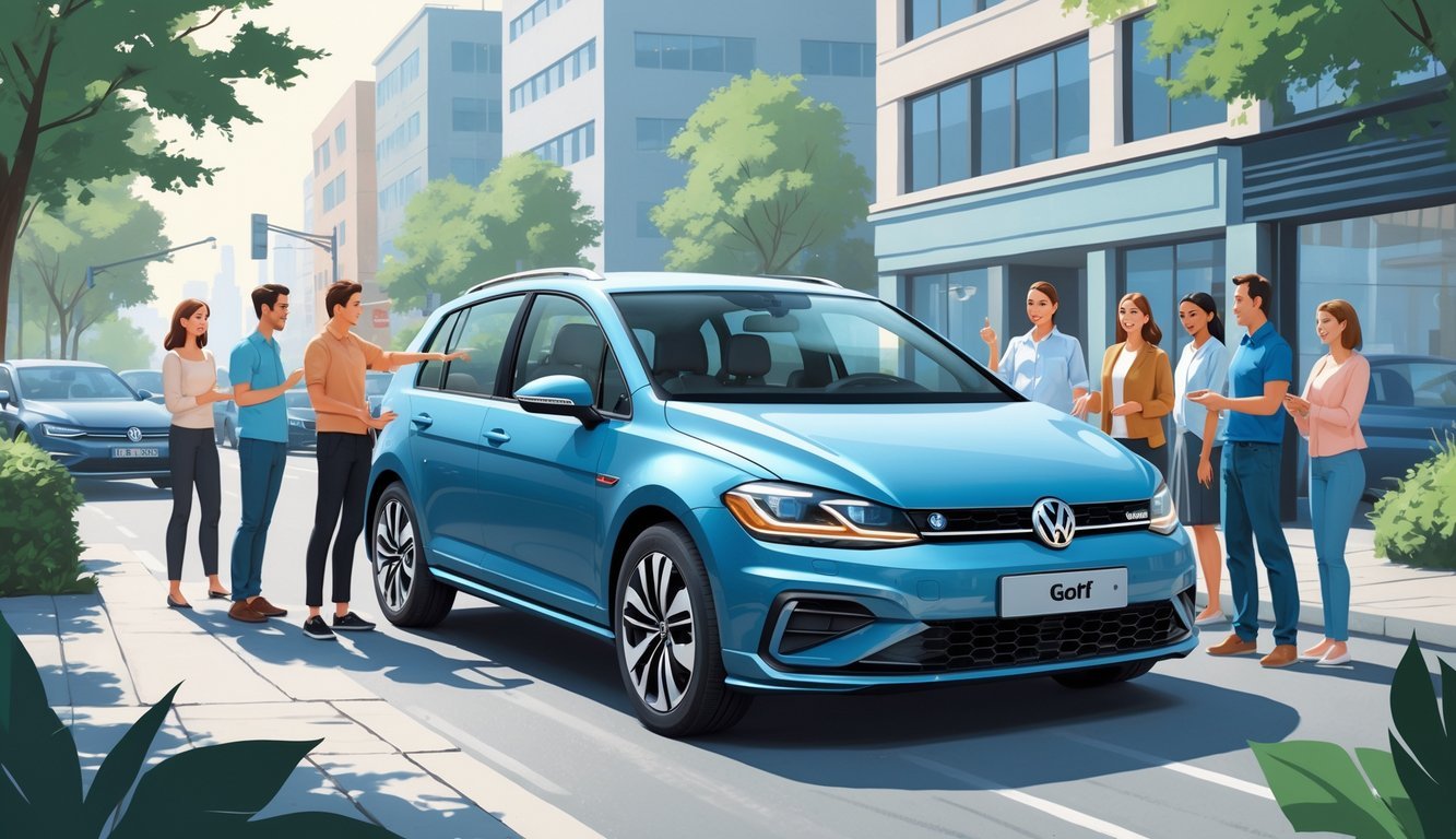 Grupa ljudi stoji oko automobila Volkswagen Golf 7 na gradskom ulici, razgovaraju i pregledavaju vozilo.