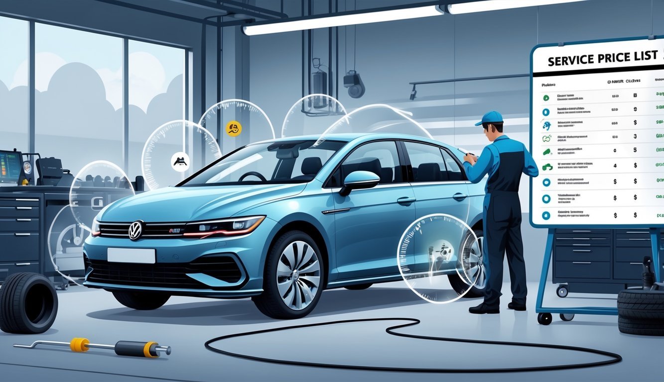 Automobil Volkswagen Golf 8 u garaži dok mehaničar pregledava motor, s ilustracijama koje prikazuju tipične kvarove i cijene servisa.