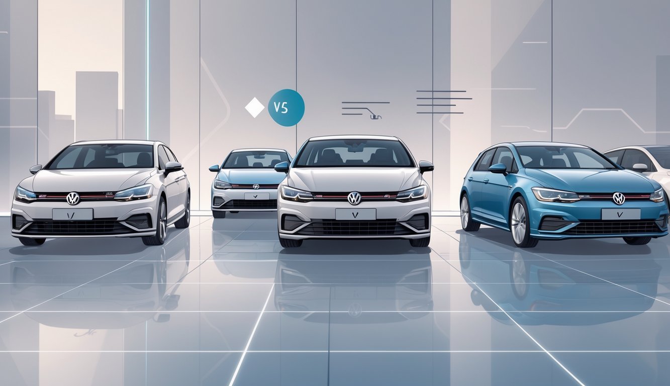 Tri do četiri moderna hatchback automobila postavljena jedan do drugoga u izložbenom prostoru, s naglaskom na Volkswagen Golf 7 u sredini.