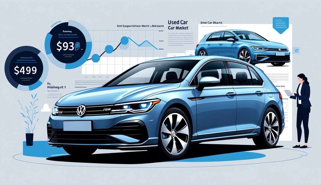 Prikaz automobila Volkswagen Golf 8 s naglaskom na opremu i elemente povezane s cijenama i tržištem rabljenih vozila, uz ljude koji pregledavaju i razgovaraju o automobilu.