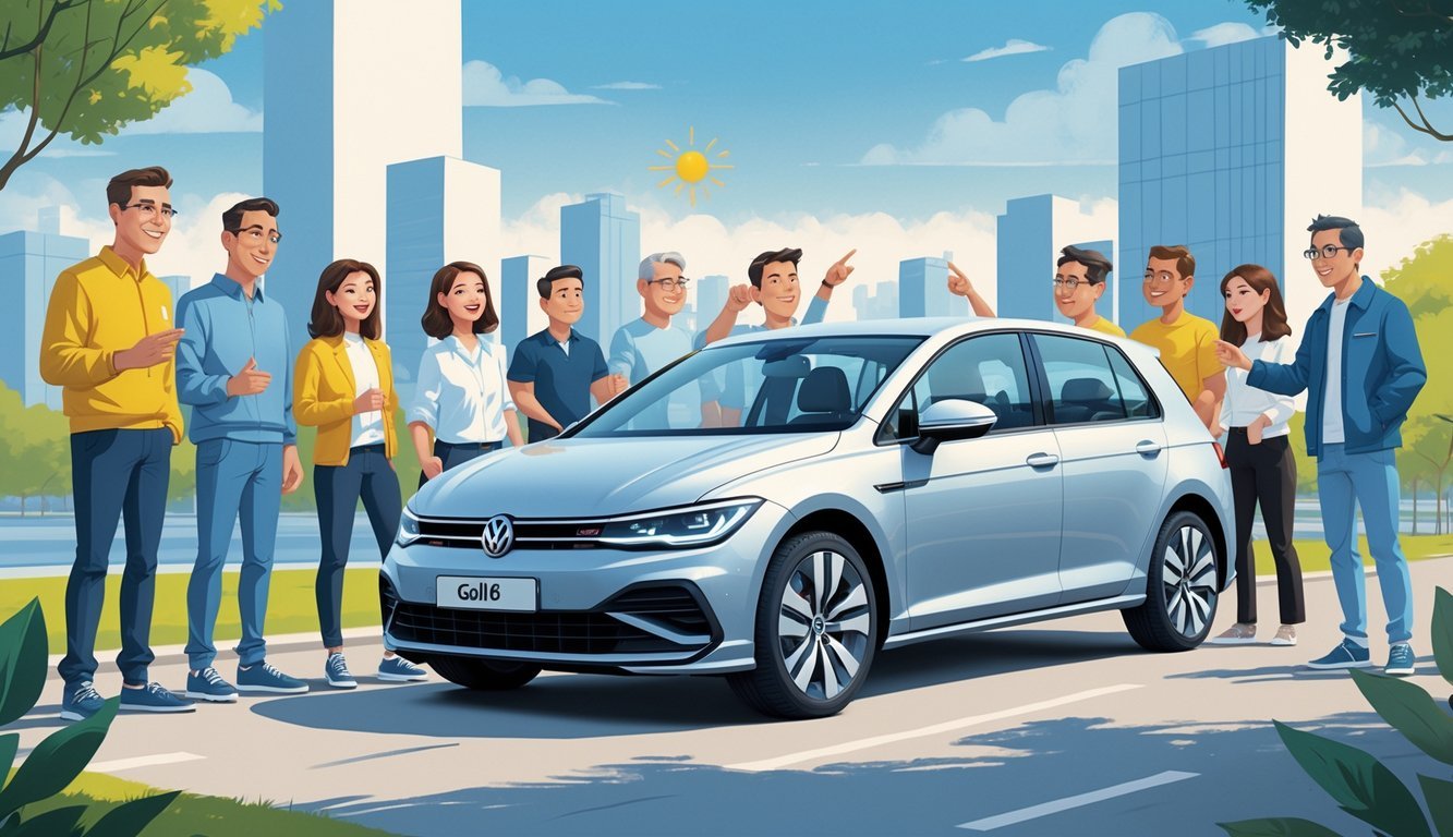 Grupa ljudi stoji oko modernog Volkswagen Golfa 8, razgovaraju i dijele svoja iskustva o automobilu.