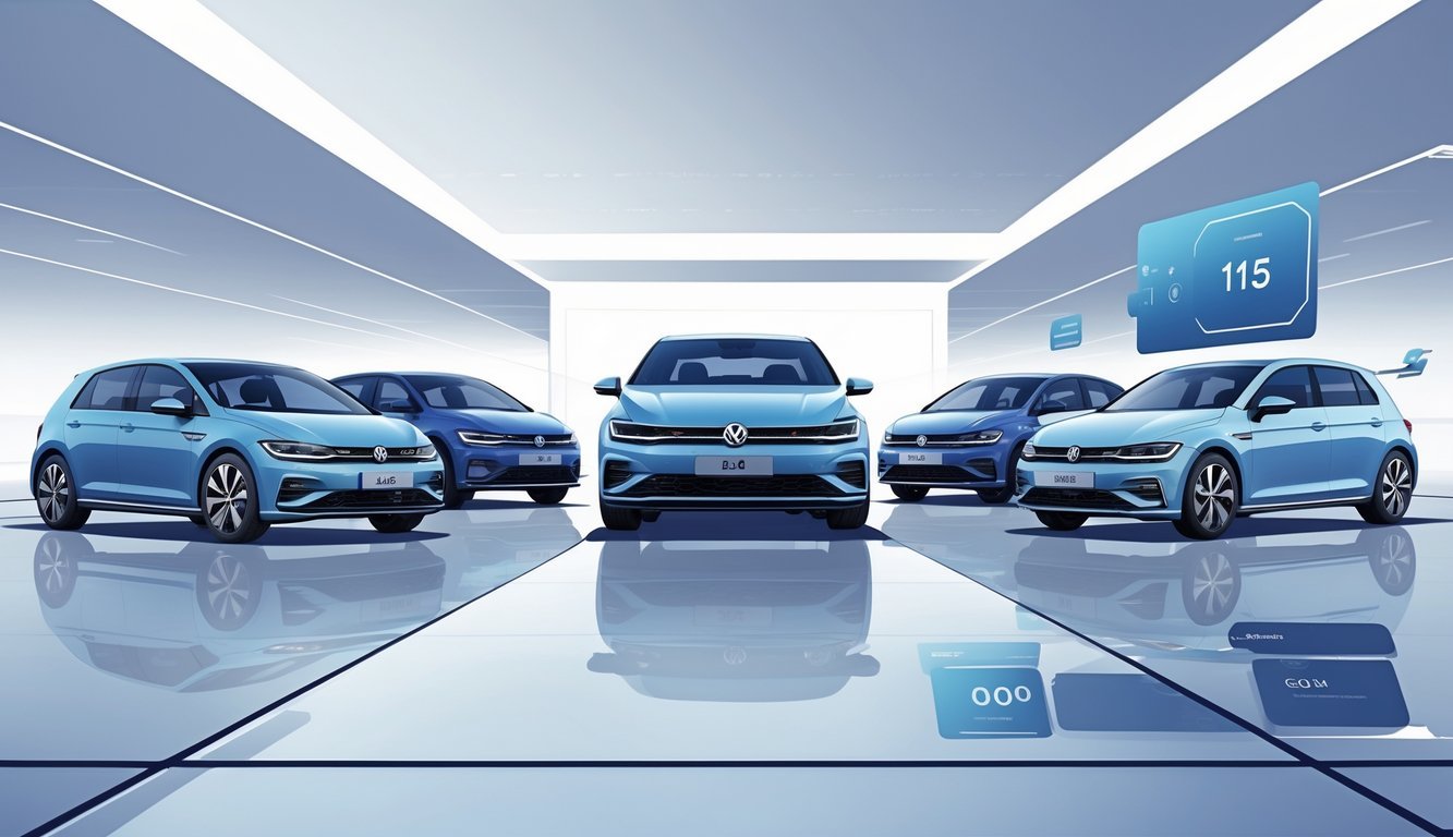 Prikaz automobila Golf 8 okruženog s nekoliko konkurenata na modernom prostoru za testiranje.