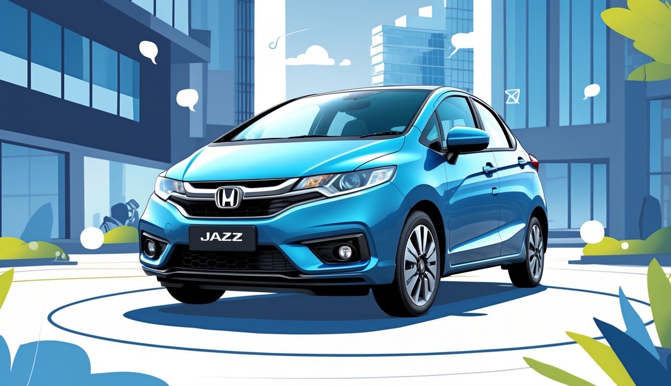 Honda Jazz automobil postavljen u urbani pejzaž s modernim zgradama u pozadini.