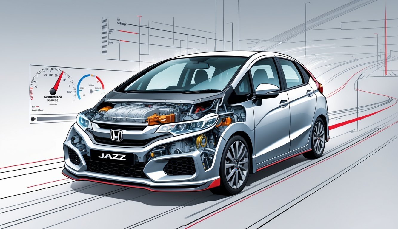 Prikaz Hondinog Jazz automobila s vidljivim motorom, mjenjačem i elementima performansi u pokretu.