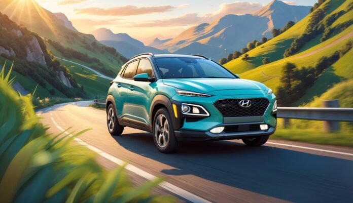 Hyundai Kona SUV vozi se planinskom cestom okruženom zelenim brežuljcima pod toplim zrakama zalazećeg sunca.