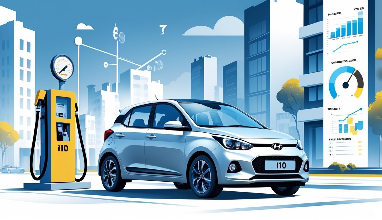 Hyundai i10 parkiran na ulici pored benzinske pumpe s grafičkim prikazima potrošnje goriva i troškova vožnje.