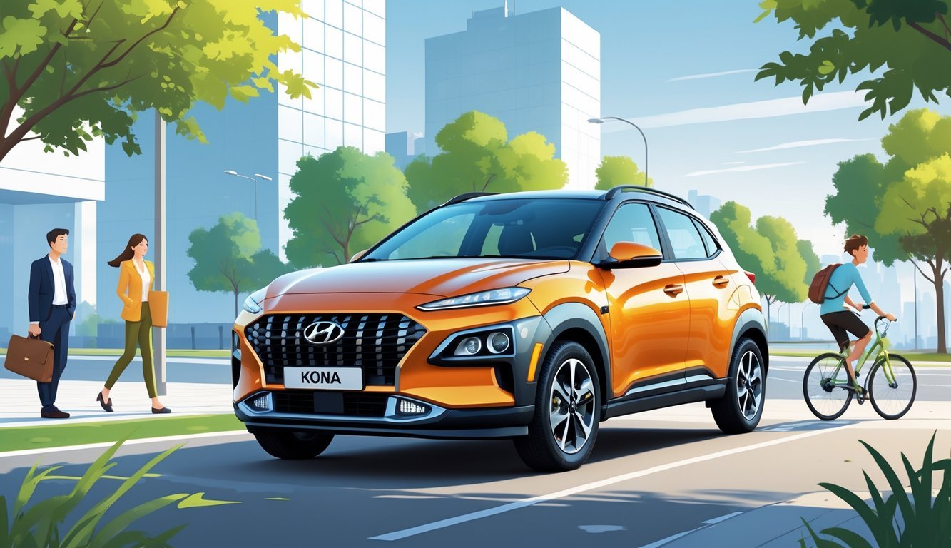 Hyundai Kona parkiran na gradskoj ulici s nekoliko ljudi oko automobila koji predstavljaju različite korisnike.