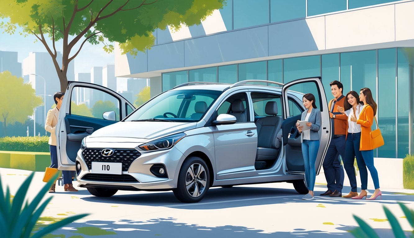 Hyundai i10 parkiran na gradskom ulici s otvorenim vratima koja pokazuju prostranu i udobnu unutrašnjost, s ljudima koji koriste automobil.