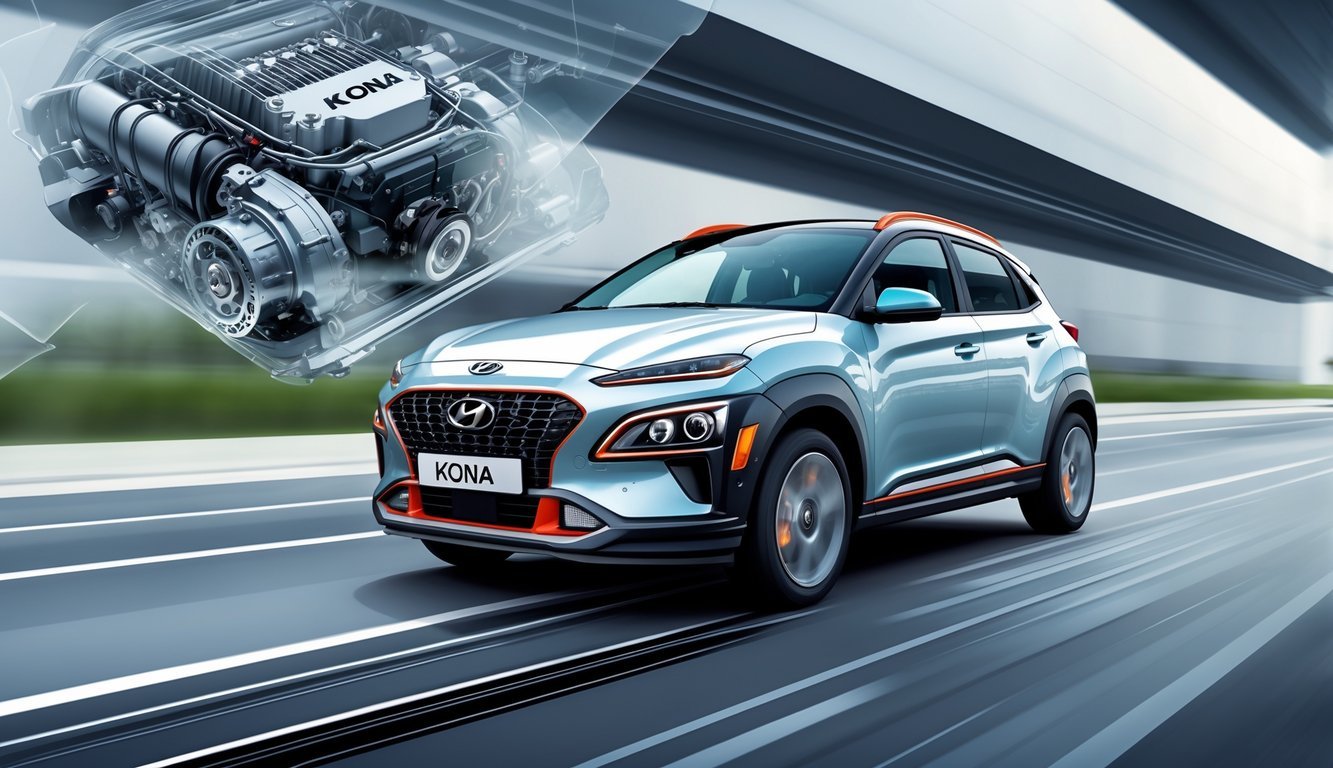 Ilustracija Hyundai Kona automobila s prikazom motora, performansi i mjenjača u vožnji.