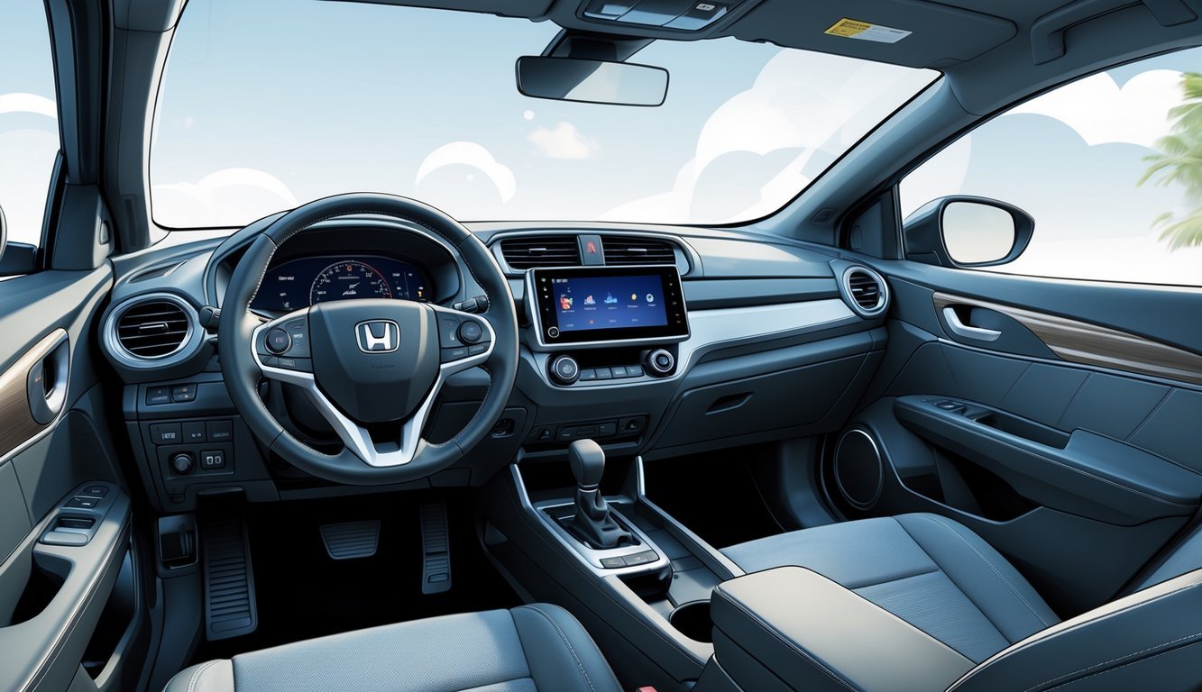 Pogled na unutrašnjost automobila Honda Jazz s naglaskom na upravljačku ploču, infotainment sustav i kvalitetne materijale sjedala.