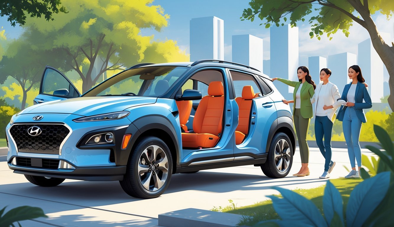 Hyundai Kona parkiran u urbanom okruženju s otvorenim vratima koja pokazuju prostran i udoban unutarnji prostor s ljudima koji koriste vozilo.