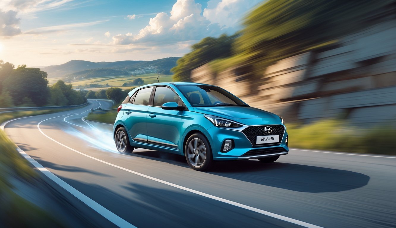 Hyundai i10 automobil u vožnji na zavojitoj cesti s vidljivim djelovanjem ovjesa i vozačem u unutrašnjosti.