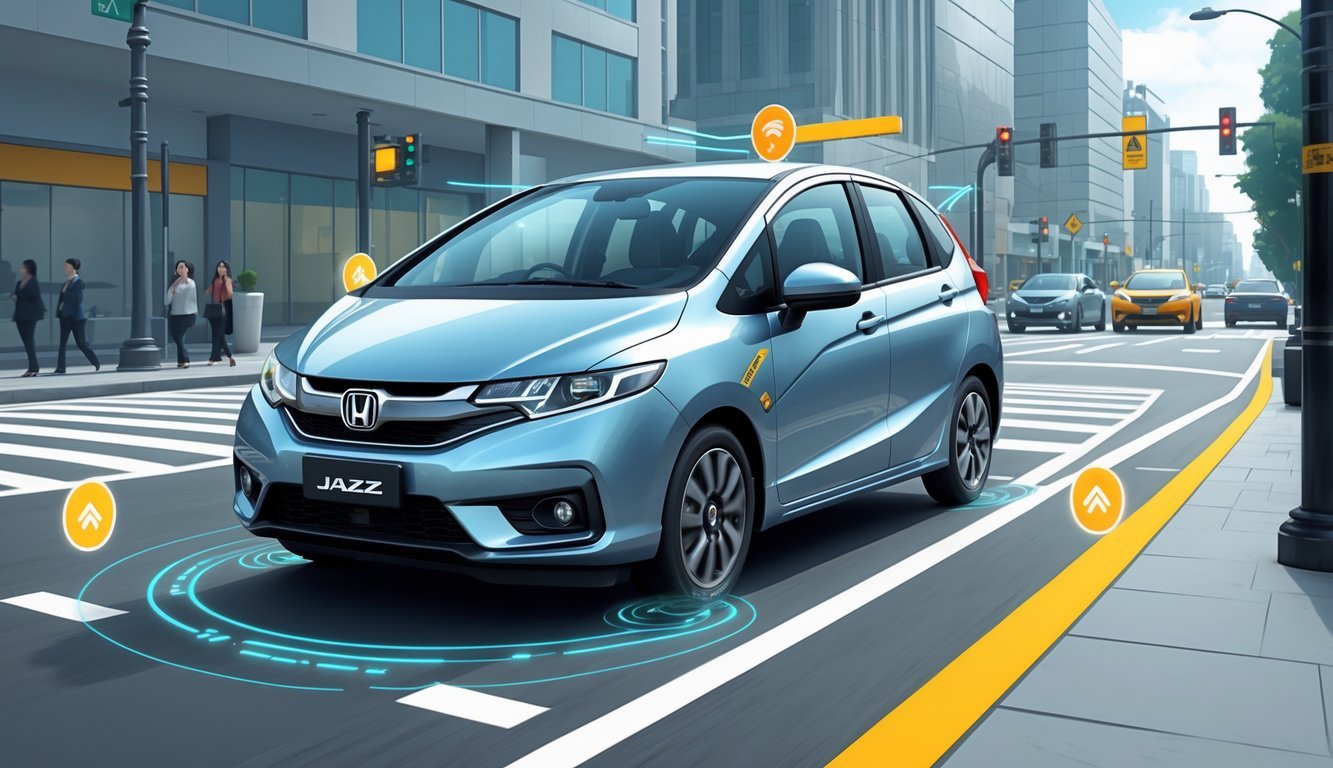 Honda Jazz na gradskom putu s prikazom sigurnosnih i pomoćnih sustava vozaču.
