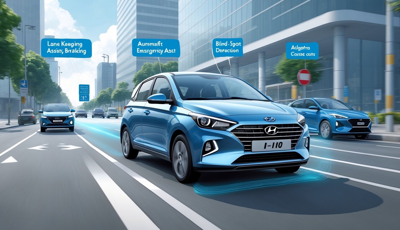 Hyundai i10 na gradskoj cesti s prikazom sigurnosnih i pomoćnih sustava vozaču.