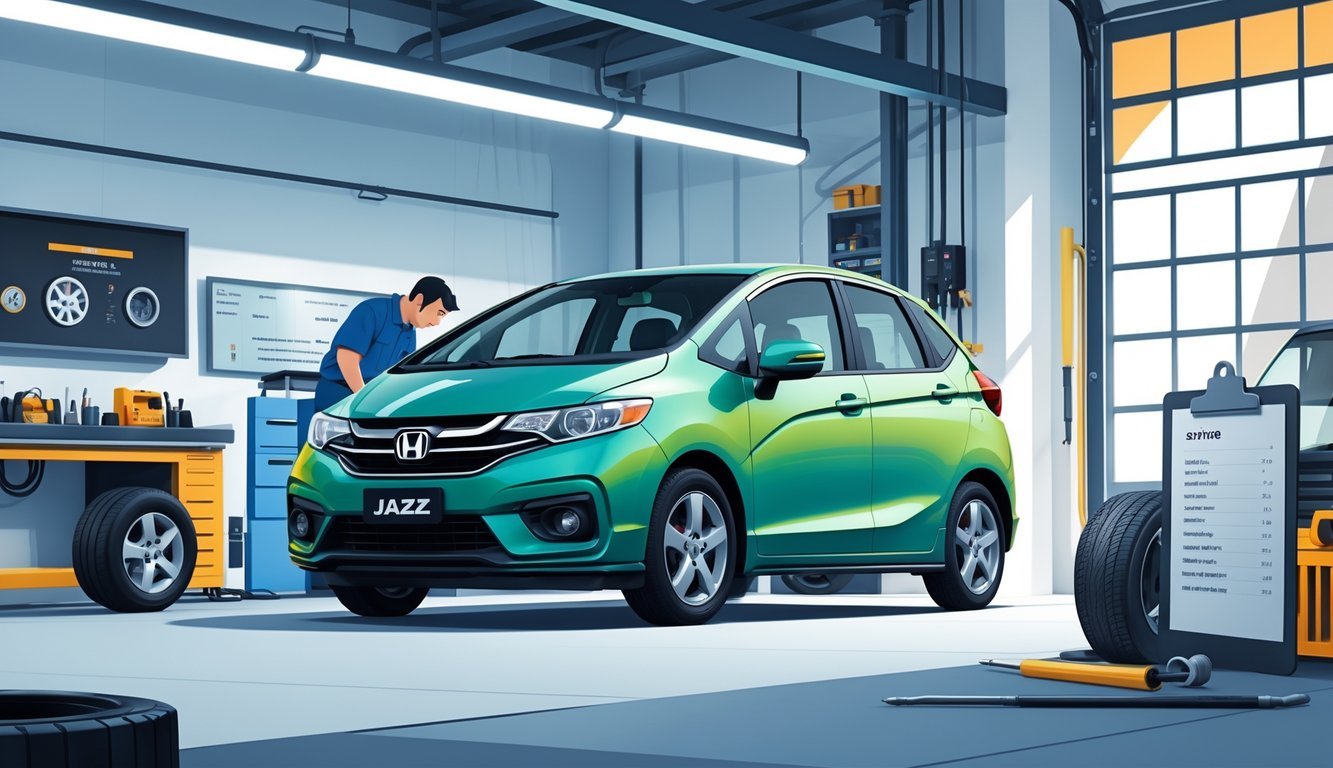 Honda Jazz parkiran u radionici automobila dok mehaničar pregledava motor, okružen alatima i opremom za servis.