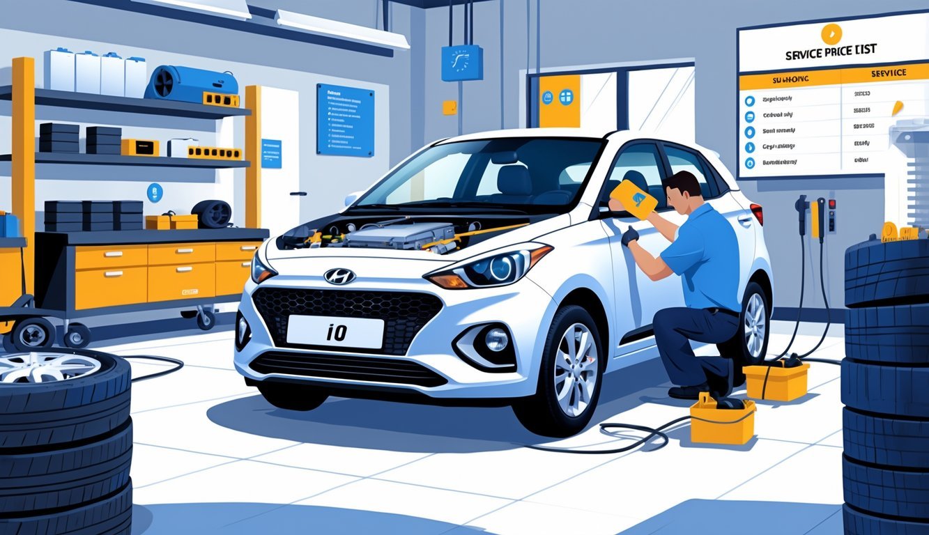 Automobil Hyundai i10 u servisu, mehaničar pregledava motor, okružen alatima i rezervnim dijelovima.