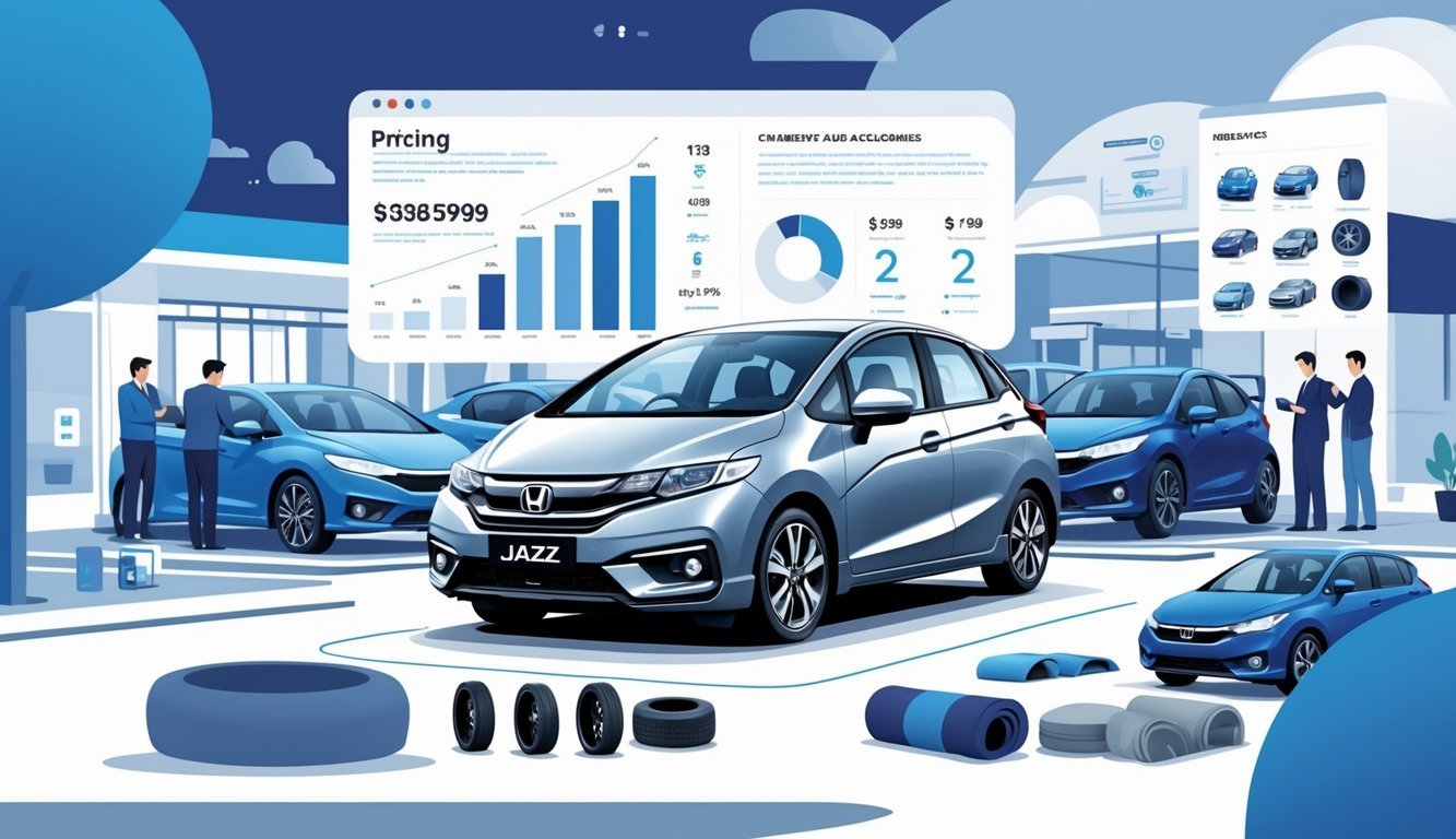 Prikaz rabljene Honda Jazz s opremom i grafikonima cijena u gradskom okruženju s kupcima i prodavačima automobila.