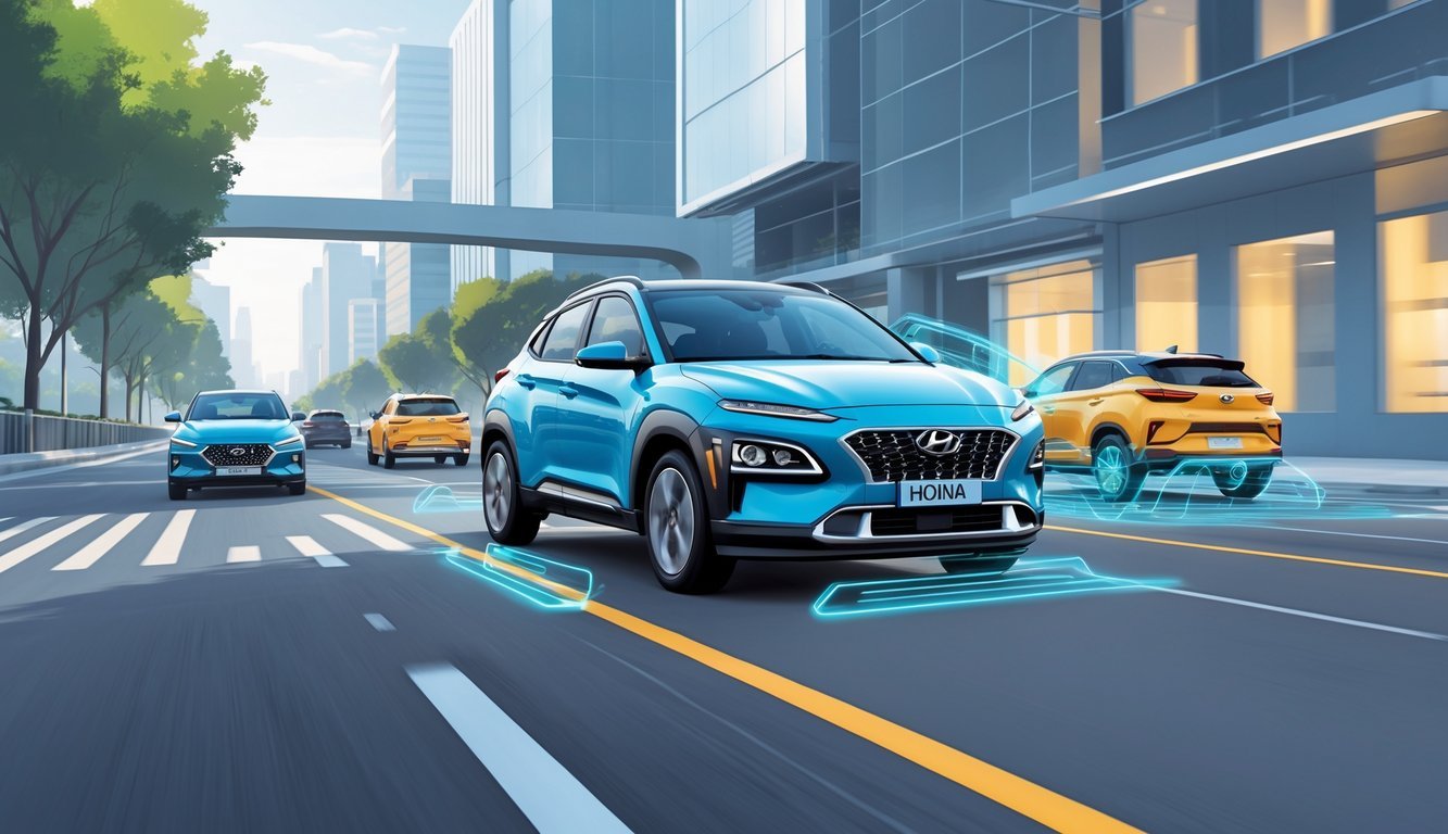 Hyundai Kona na cesti s prikazom aktivnih sigurnosnih sustava i pomoći vozaču.
