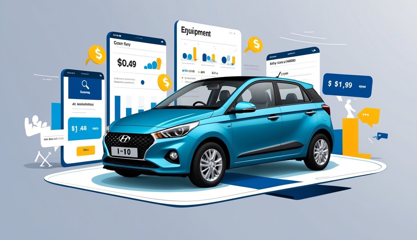 Ilustracija koja prikazuje Hyundai i10 automobil u središtu, okružen simbolima opreme, cjenovnim grafikonima i elementima tržišta rabljenih vozila.