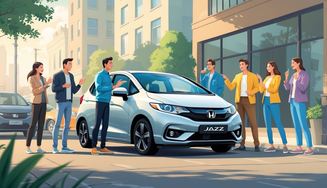 Grupa ljudi stoji oko parkiranog Honda Jazz automobila dok razgovaraju o svojim iskustvima s vozilom.