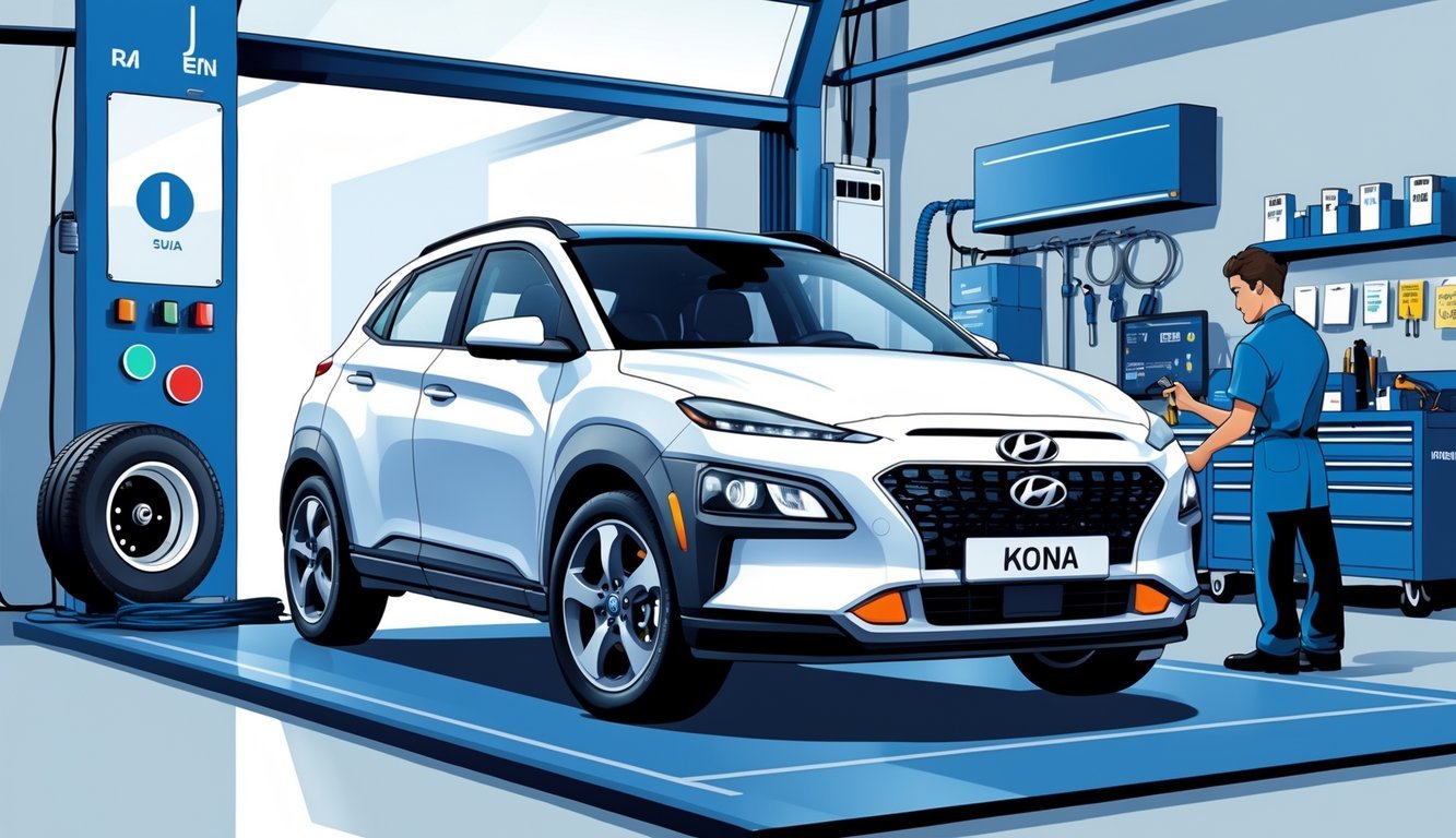 Hyundai Kona automobil okružen simbolima tipičnih kvarova i mehaničar koji obavlja servis u garaži.