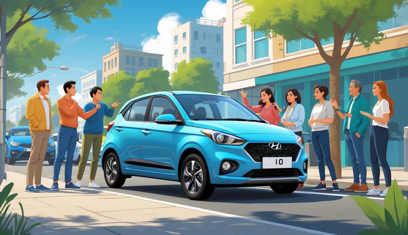 Grupa ljudi razgovara pored Hyundai i10 automobila na gradskoj ulici, dijeleći svoja iskustva o vozilu.