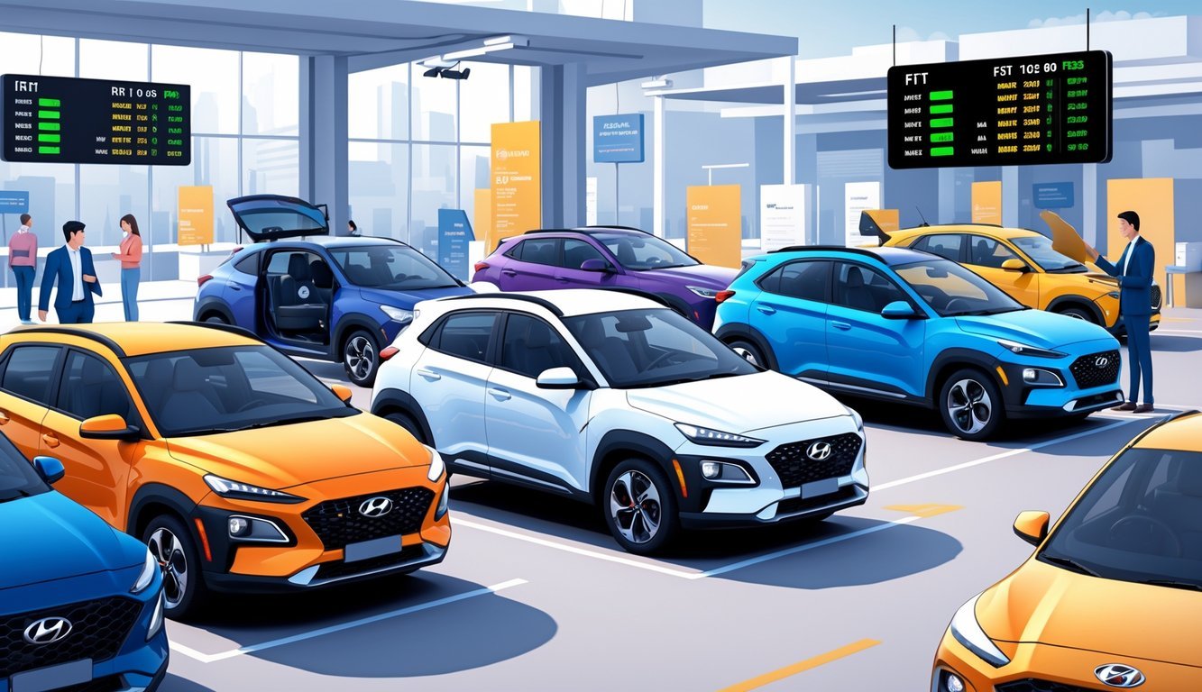 Prikaz parkirališta s nekoliko rabljenih Hyundai Kona automobila i ljudima koji ih pregledavaju.