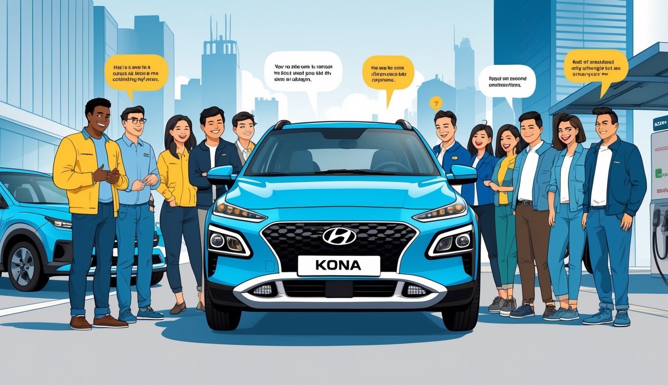 Grupa vlasnika stoji oko Hyundai Kona automobila, razgovaraju o prednostima i manama vozila.