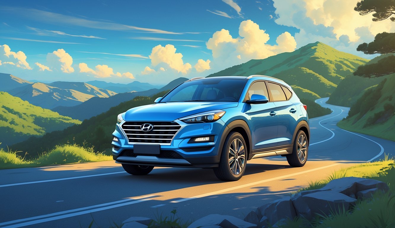 Hyundai Tucson parkiran na planinskoj cesti s pogledom na zelene brežuljke i plavo nebo.
