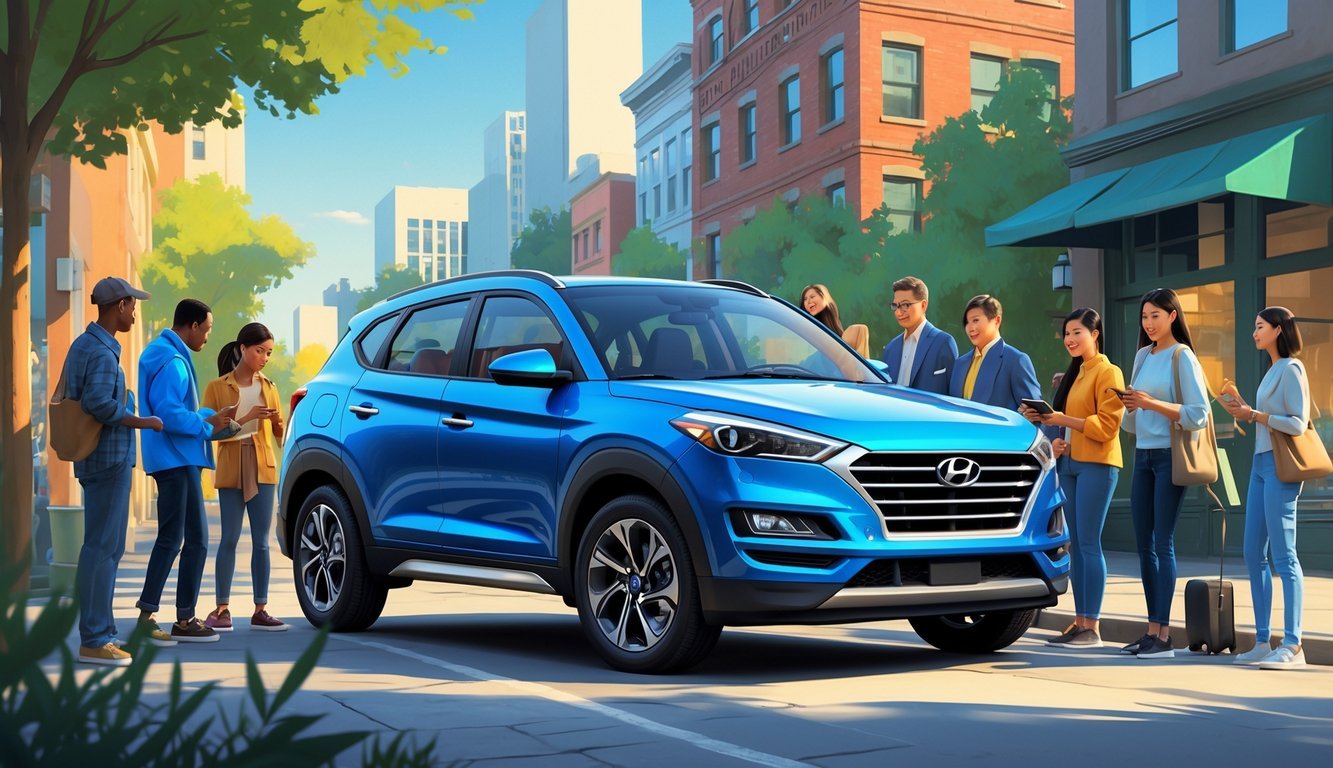 Hyundai Tucson parkiran na gradskoj ulici s ljudima koji ga pregledavaju i isprobavaju.