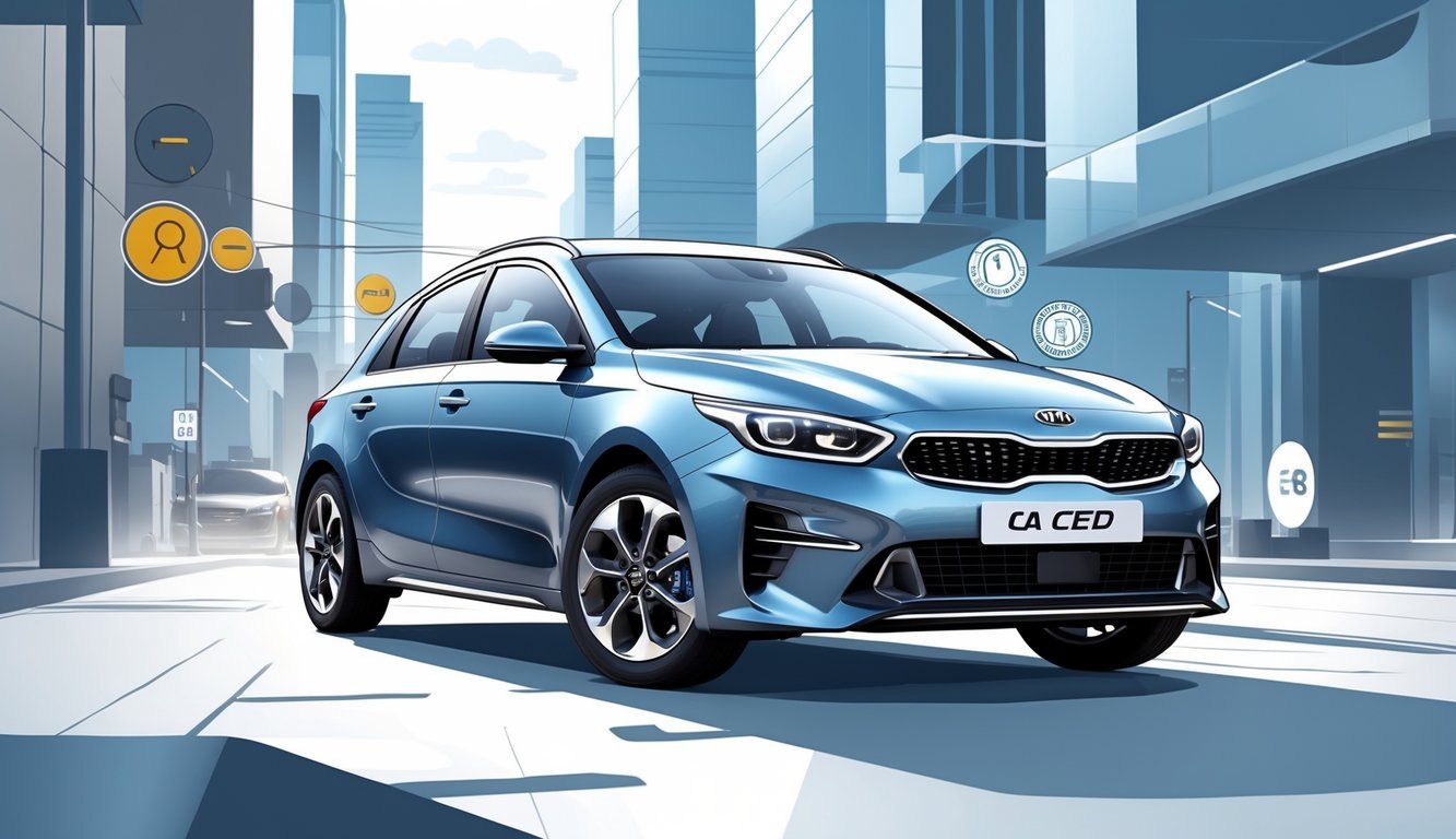 Prikaz modernog Kia Ceed 1.6 CRDi automobila u urbanom okruženju s ljudima različitih dobi i simbola koji predstavljaju pouzdanost i udobnost.