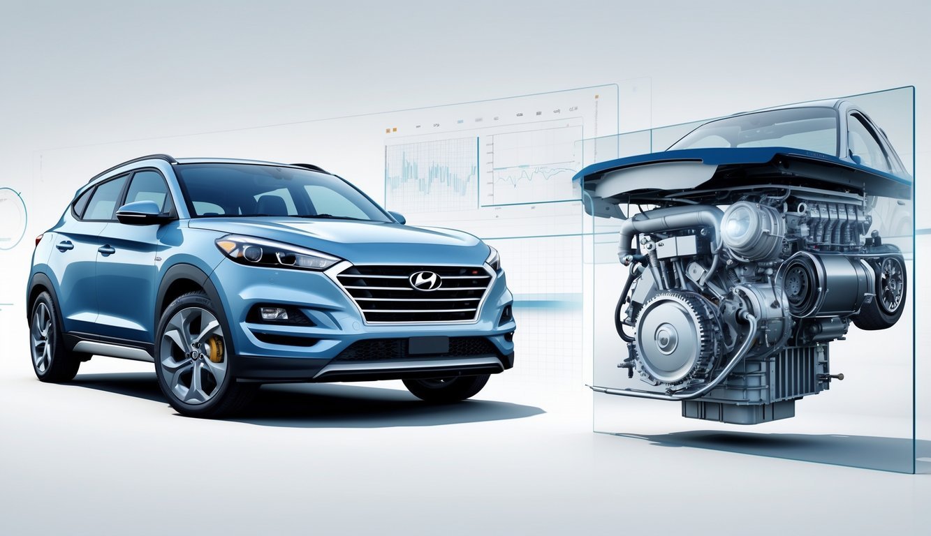 Hyundai Tucson s otvorenim poklopcem motora koji prikazuje motor i dijelove mjenjača.