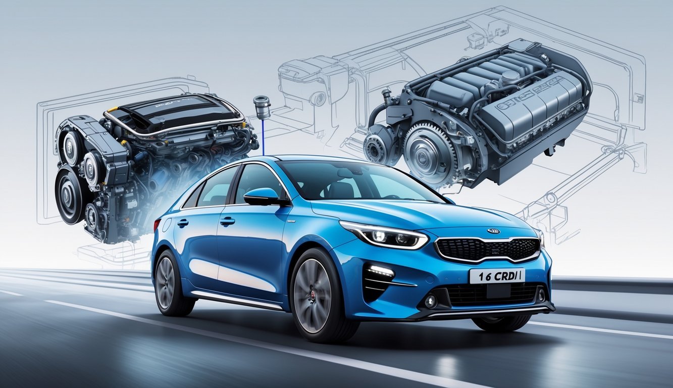 Prikaz Kia Ceed 1.6 CRDi automobila s istaknutim dijelovima motora i mjenjača.