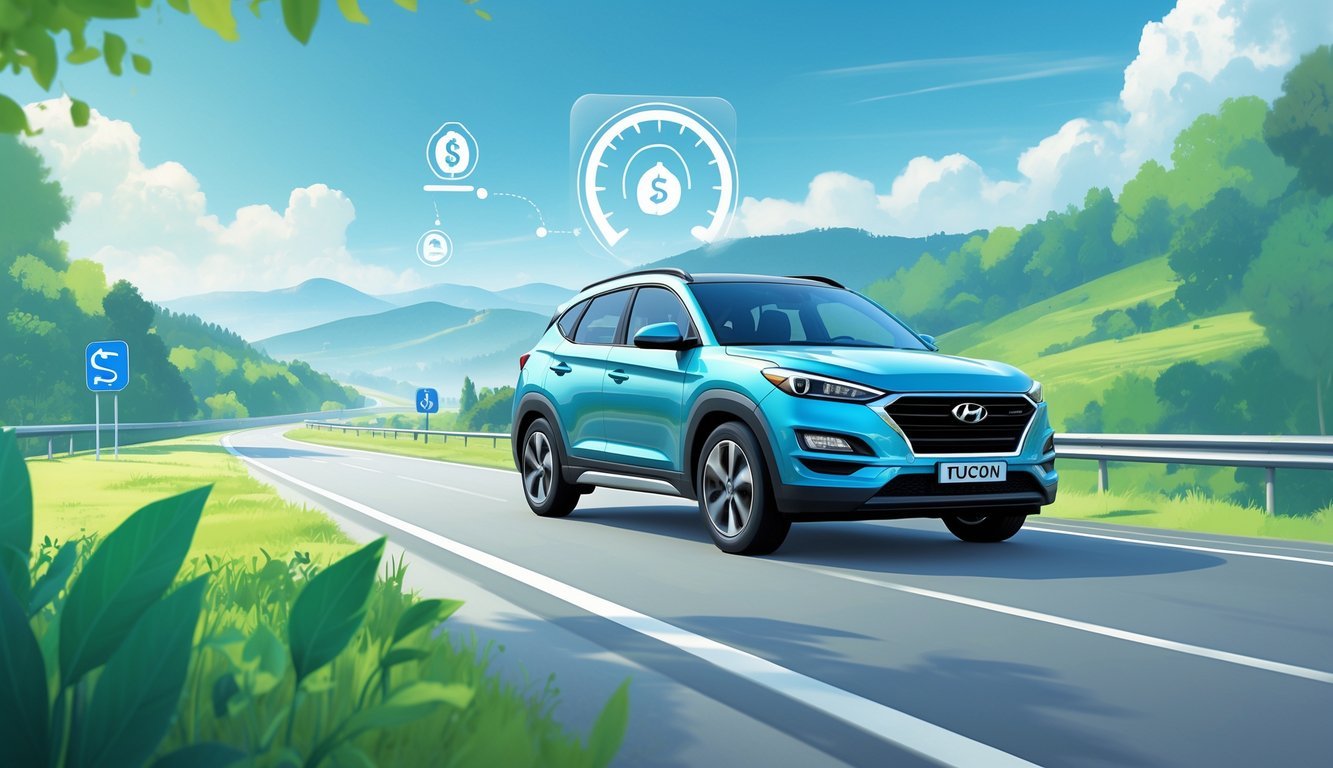 Hyundai Tucson koji vozi autocestom okružen zelenilom i planinama, s prikazom pokazivača goriva i ikona koje simboliziraju troškove vožnje.
