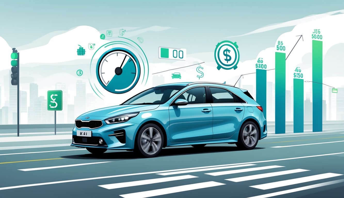 Automobil Kia Ceed 1.6 CRDi vozi cestom s prikazom ikona za potrošnju goriva i ukupne troškove vožnje.