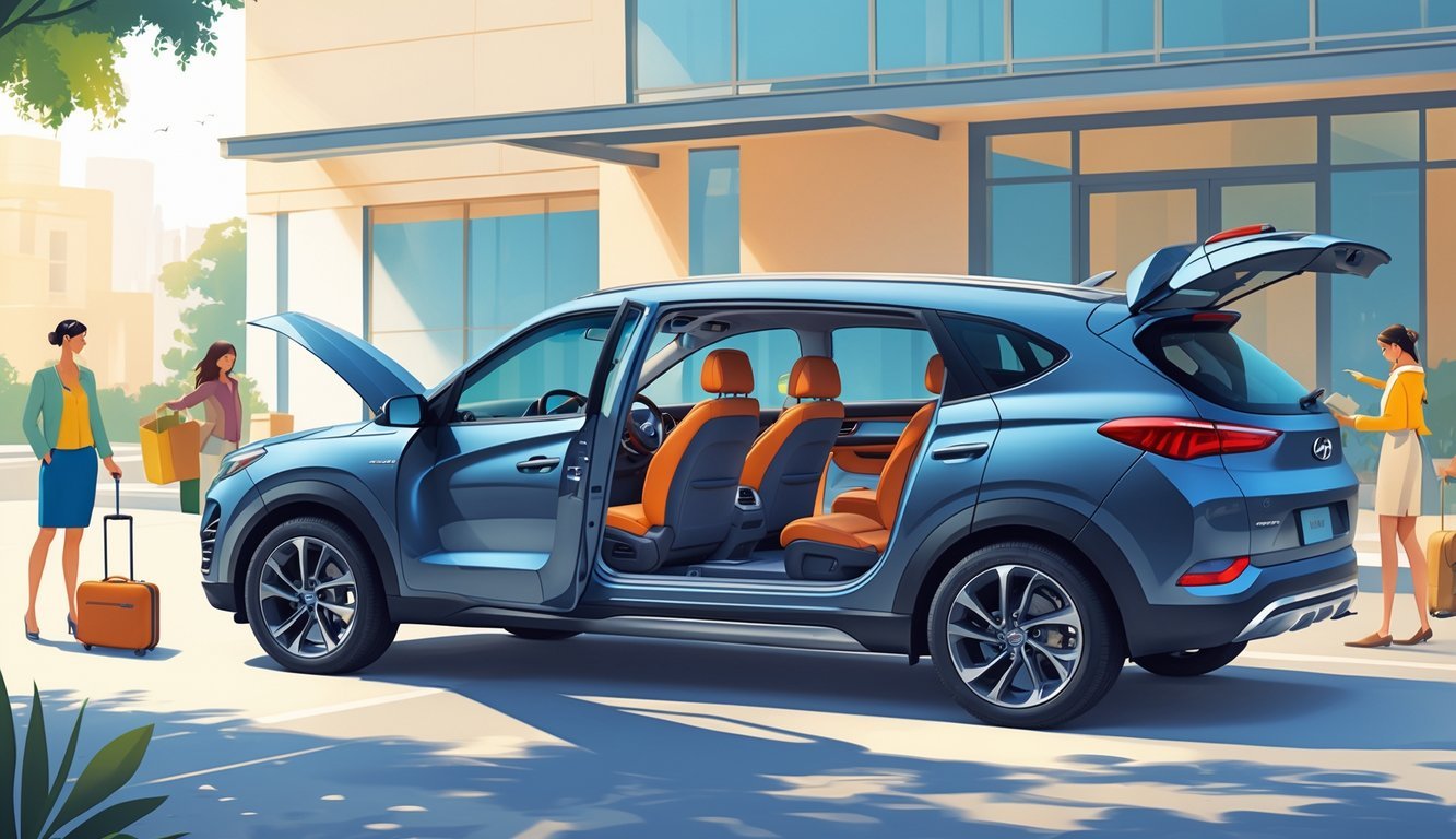 Hyundai Tucson parkiran na otvorenom s otvorenim vratima koja otkrivaju prostran i udoban unutarnji prostor automobila.