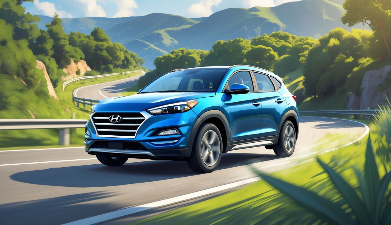 Hyundai Tucson koji vozi cestom okruženom zelenilom i planinama u pozadini.