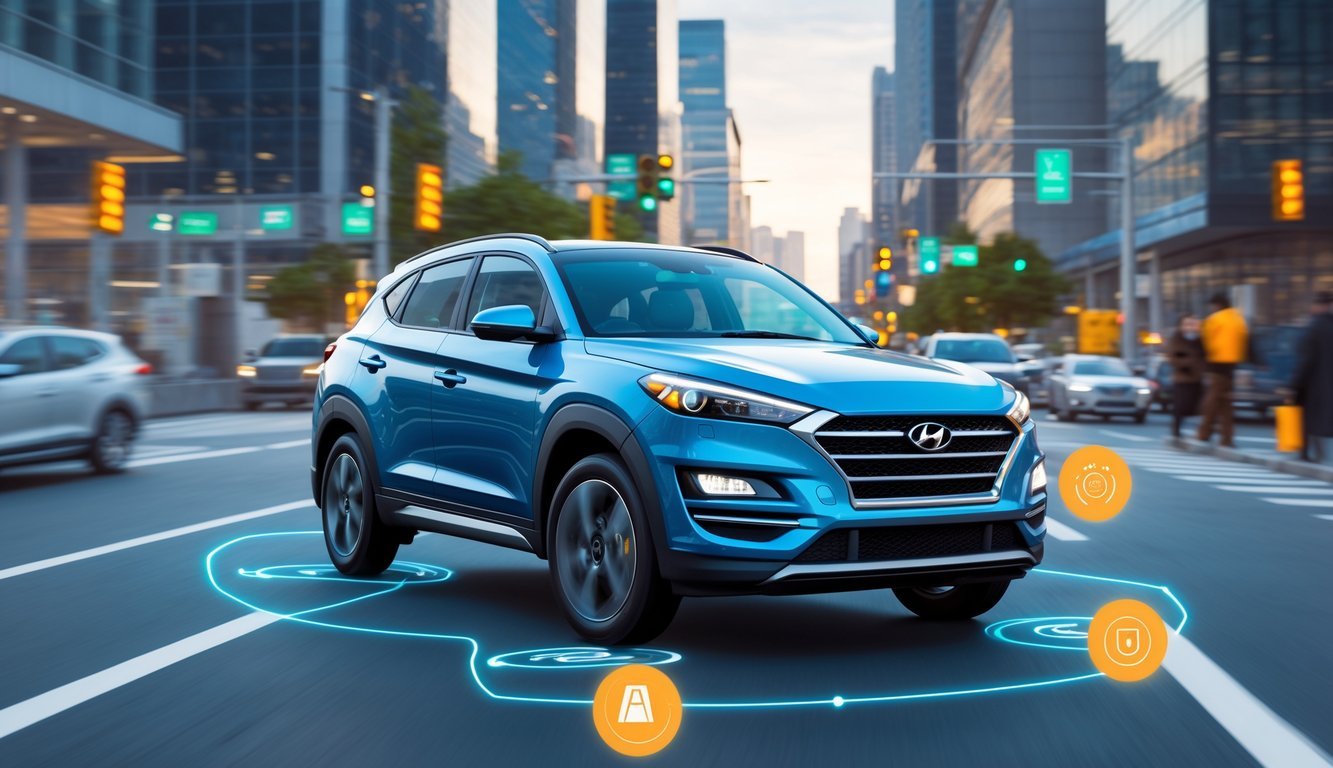 Hyundai Tucson na cesti s prikazom sigurnosnih i pomoćnih sustava vozaču.
