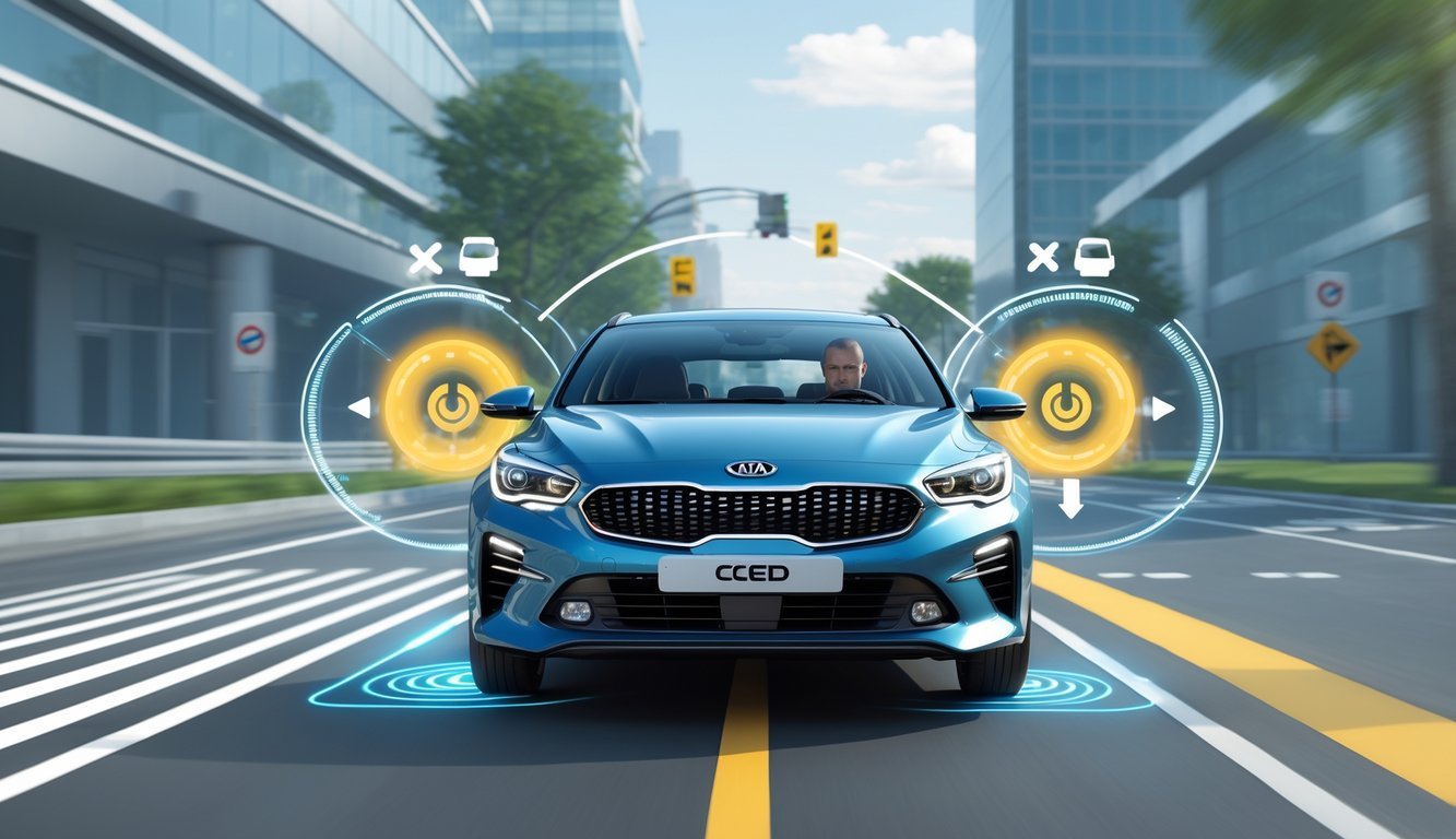 Automobil Kia Ceed 1.6 CRDi na cesti s prikazom sigurnosnih i pomoćnih sustava za vozača.
